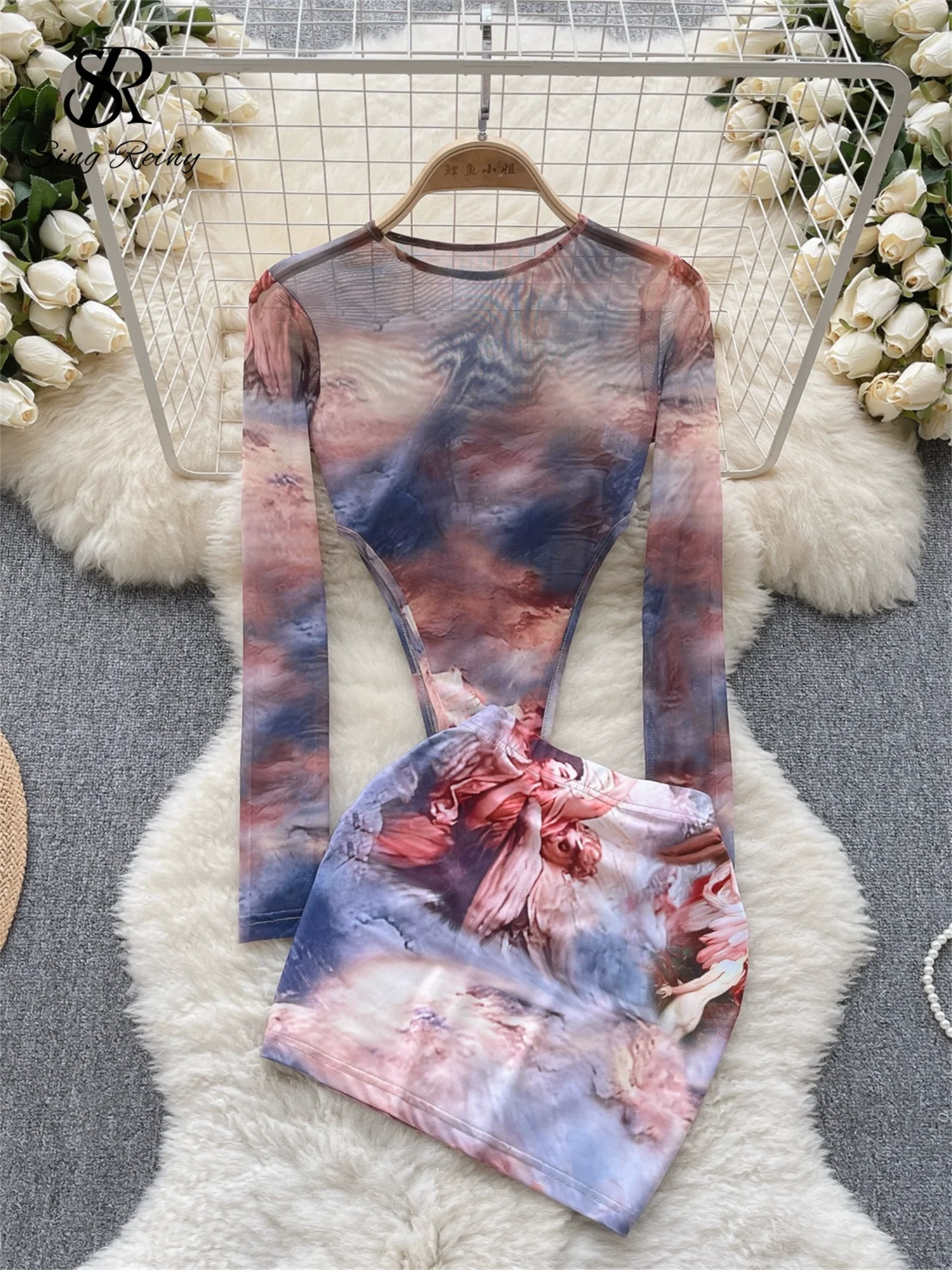 SINGREINY Fashion sweet Two Pieces Suits O Neck Long Sleeved Transparent BodySuit Top Skinny Mini Skirt Tie Dye Print Sets 250515
