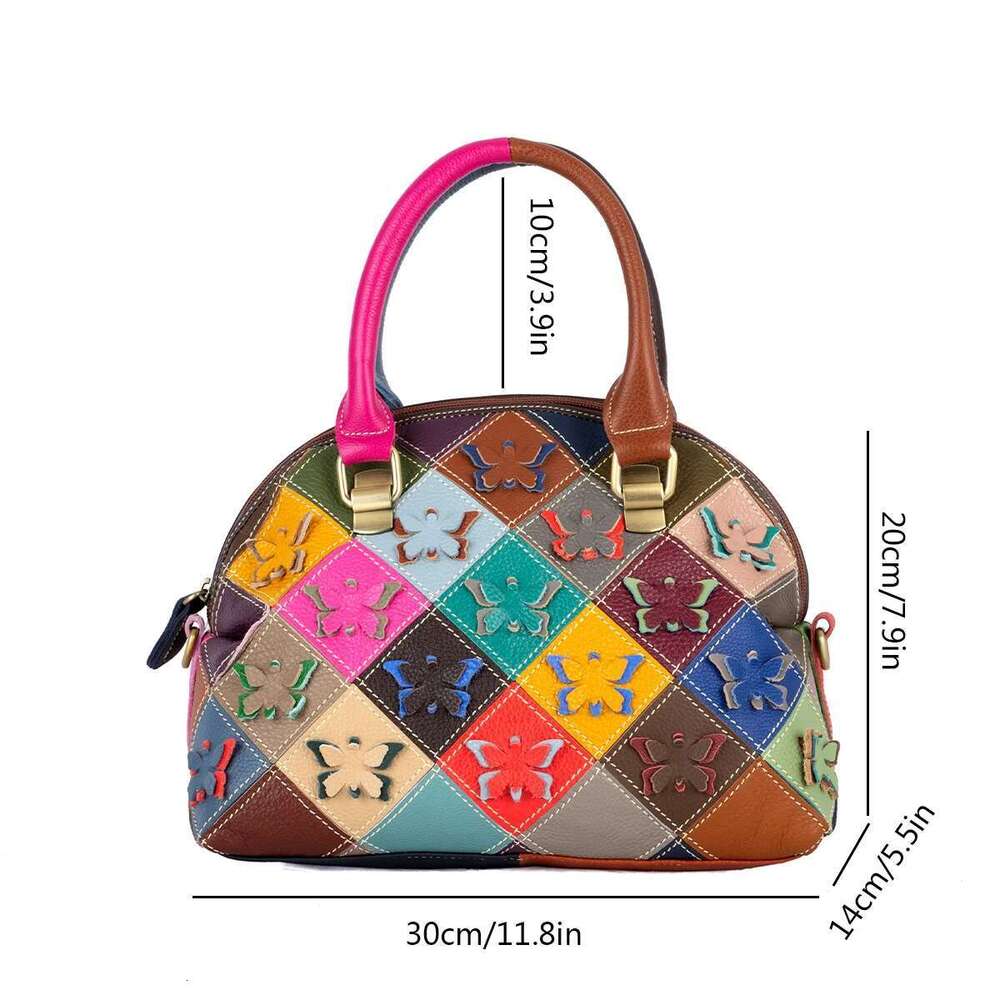 Genuine cowhide handmade colorful butterfly flower pattern shell casual trendy shoulder handbag women's bag