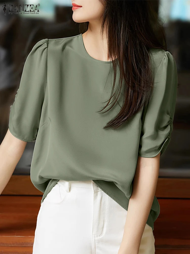 ZANZEA Solid Casual Office Work Tops Fashion Summer Short Sleeve Blouse Women Elegant Loose Party Blusas OL Shirt Chemise 250514