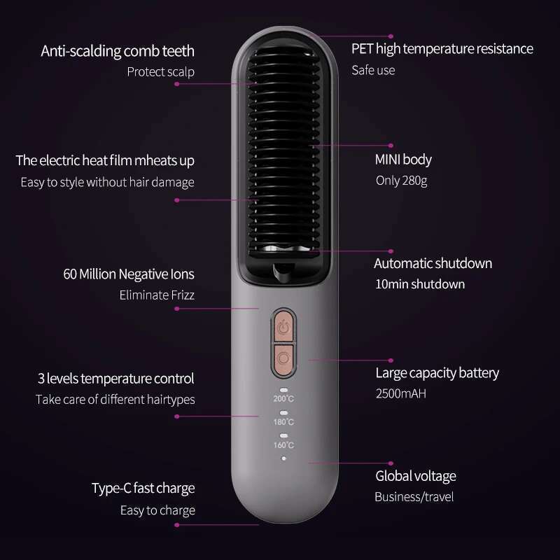 Professional Electrical Brush Portable Wireless Multifunct Hair Straighten for Smooth