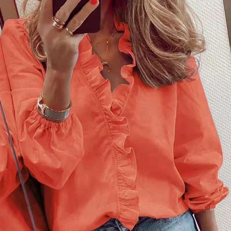 Vintage Ruffles Women Blouses Autumn Long Sleeve Office Lady Elegant Tops Cotton Casual Vneck Shirt Clothing 250515
