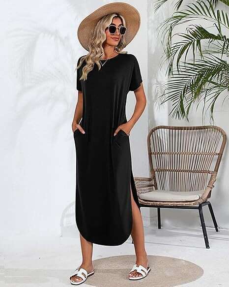 White Dress Maxi Dress Women's Short Sleeved Ultra Dress Round Neck, Casual Loose Slit, Long Summer Beach Shirt With Pockets KQ