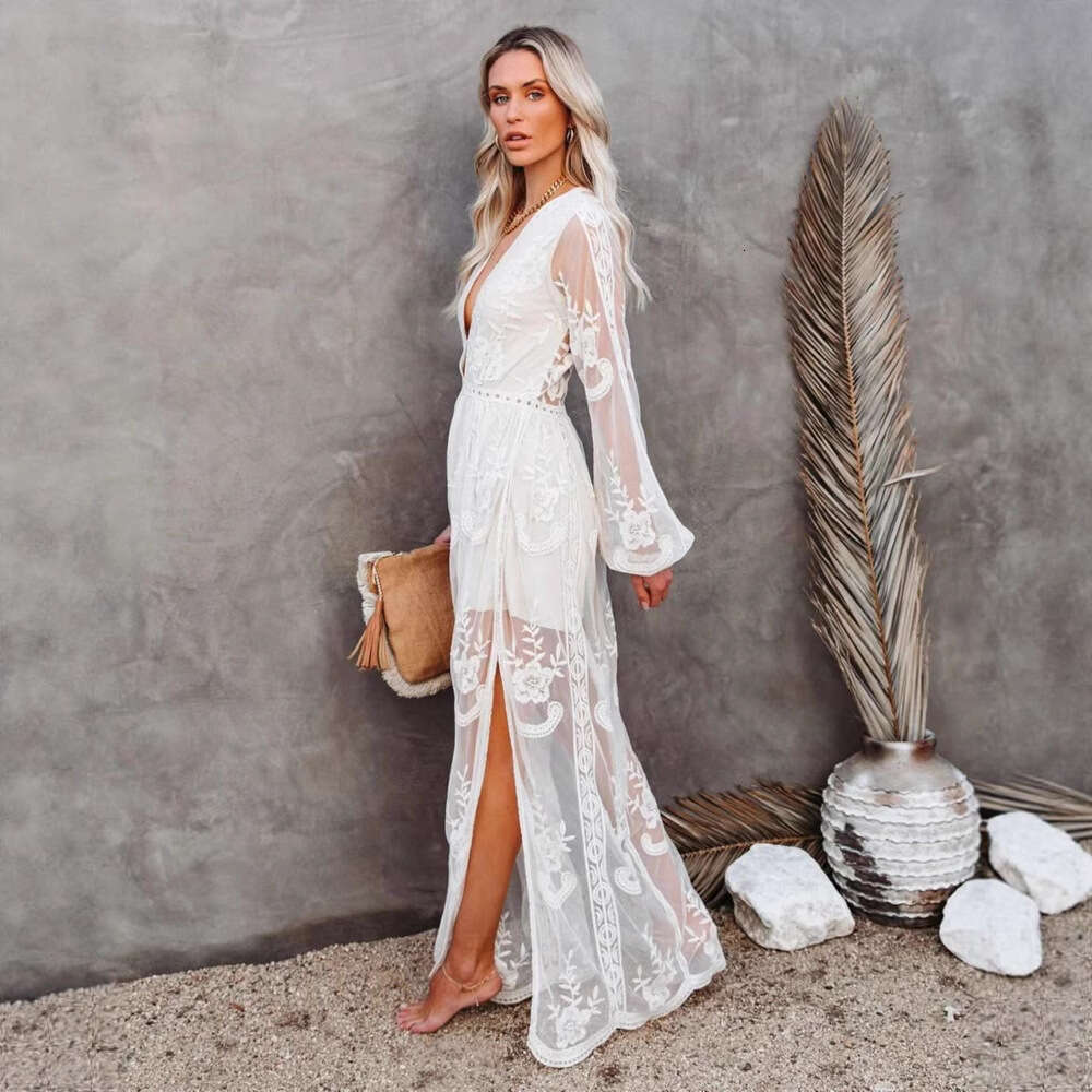 2023 Spring/Summer Women's Lace V-neck Solid Chiffon Summer Dress