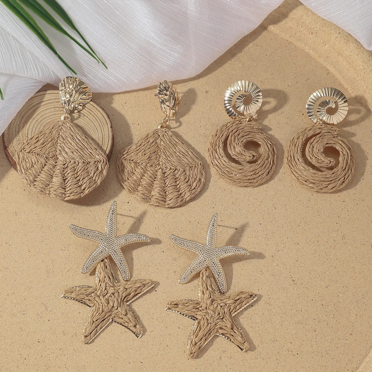 1 Set Elegant Ocean Theme Rattan Knit Drop Earrings for Women Girls Boho Summer Raffia Shell Starfish Conch Earrings Jewelry 250515