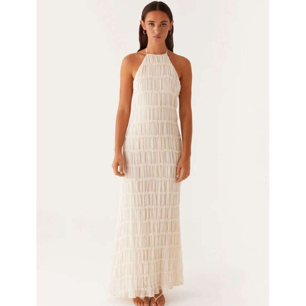 2025 Spring/Summer Women's Sexy and Fashionable Hanging Neck Strap, Folded Lace, Vacation Style, Long Dress
