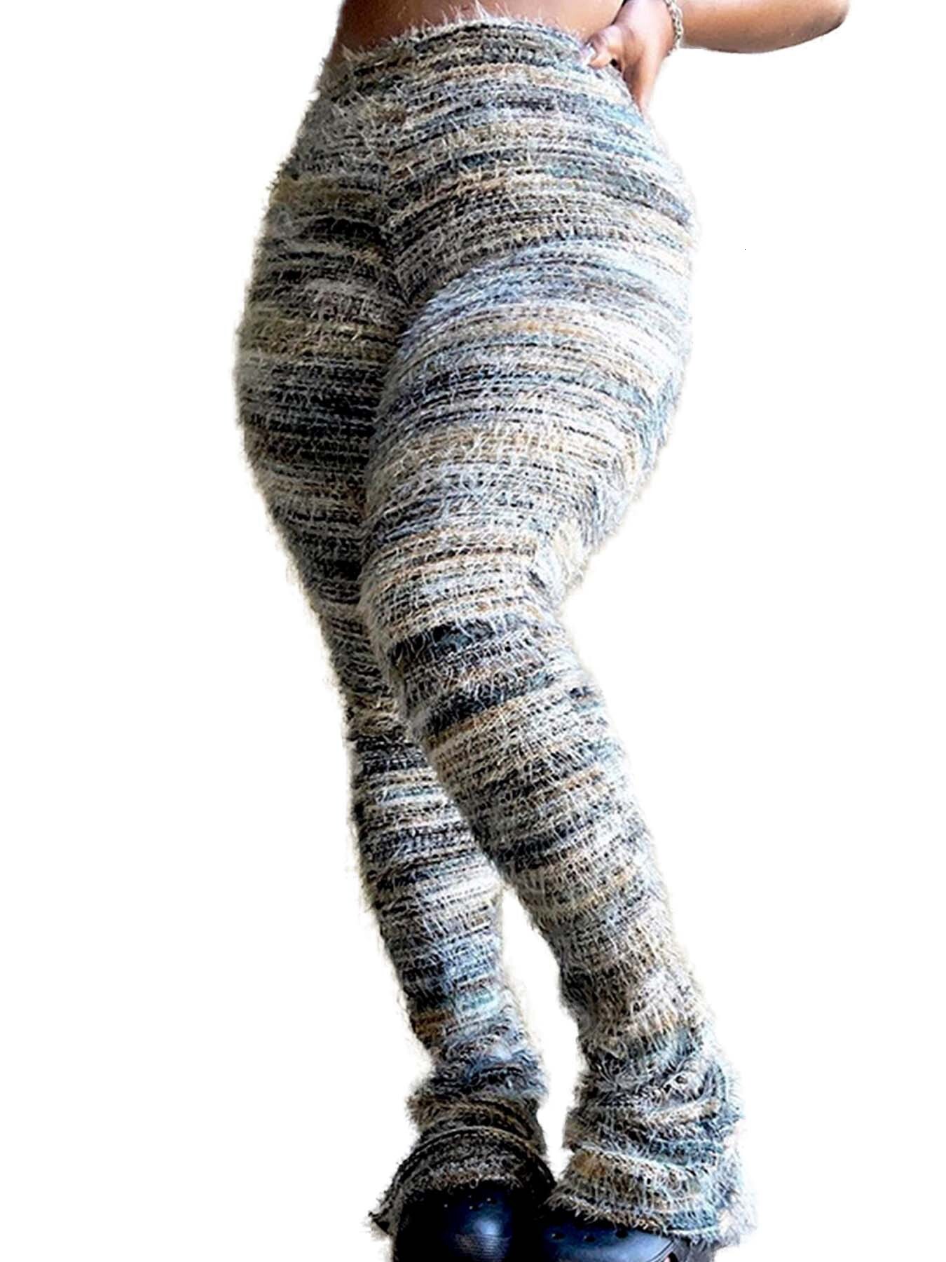 HR23113 Fashion Womens Colorful Striped Plush Personalized Plush Pants Stacked Pants