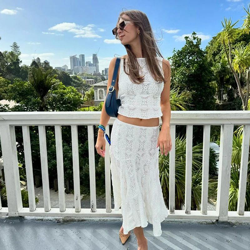 WhereMery Temperament Y2K Casual Streetwear Suits Summer Slim Sleeveless Lace Hollow Top and White Beach Skirt Women 2 Piece Set 250515
