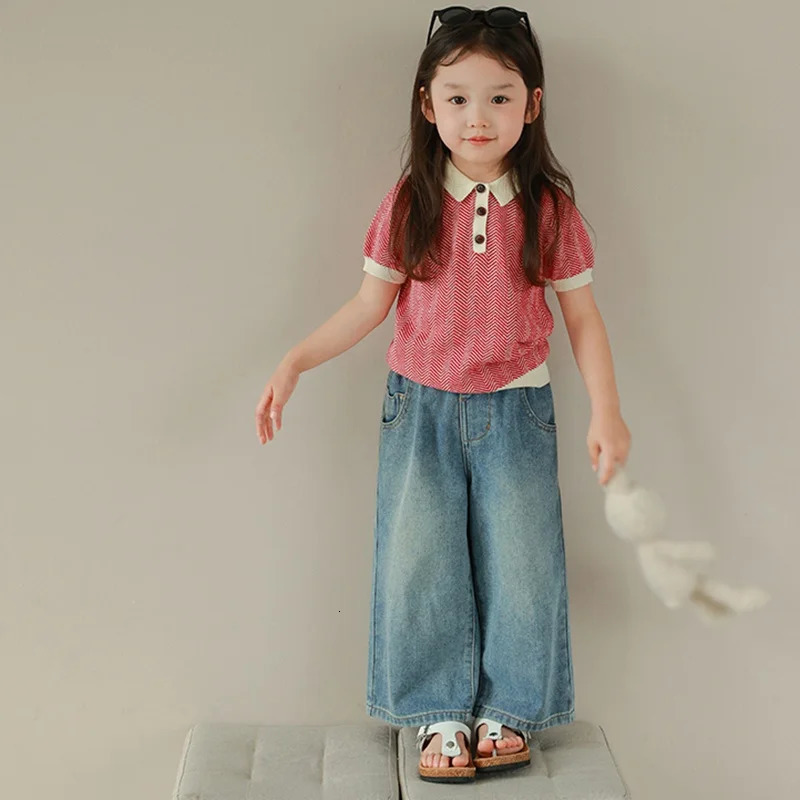Kids High Waist Wide-Leg Jeans for 3-8Y Girls Solid Multi-Pocket Elastic Waist Jeans Casual Fashion Kids Denim Trousers 250515
