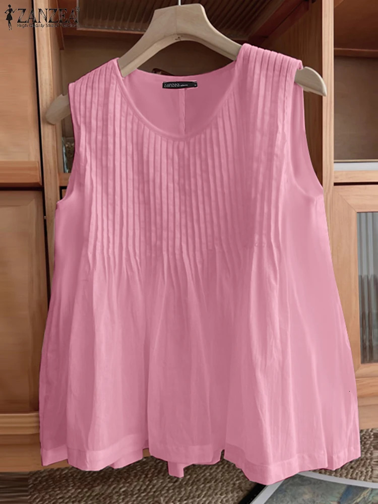 ZANZEA Summer Camis Women Solid Tanks Tops Fashion Pleated Blouse Casual Sleeveless Holiday Shirt Loose Beach Tees Oversize 250515