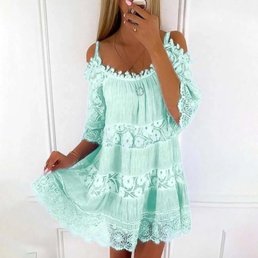 Plus Size Summer for Ladies Solid Color Sling Lace Female Elegant Loose Waist Design Dresses Casual Dress Beach Wear