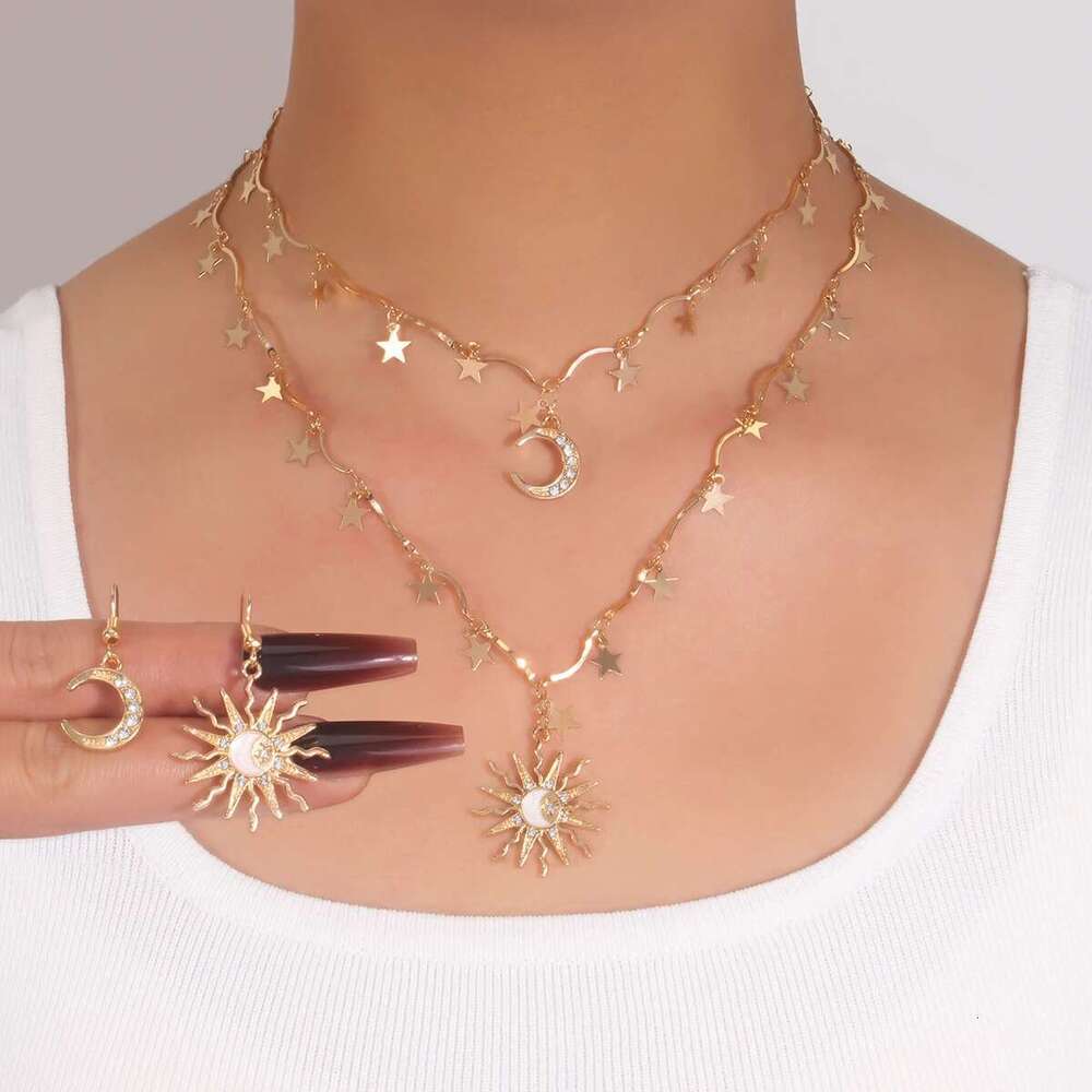 Vintage Creative Sun Moon Pendant Asymmetric Earring Stacked Necklace Stars Choker Women's Daily Dating Wedding Jewelry Set Gift