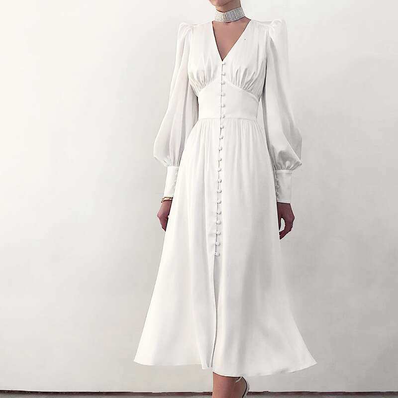 White Dress Maxi Dress 2025 Spring New Satin With Women's Design And Lantern Sleeves, Shrinking Waist To Show Thinning Temperament, Slimming Long