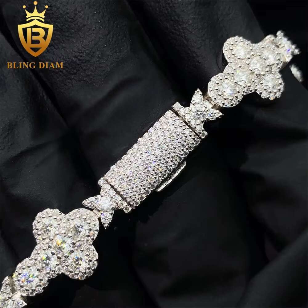 Iced Out 925 Silver Pass Diamonds Tester Moissanite Cuban Link Chain 10mm 13mm Flower Cross Bracelets
