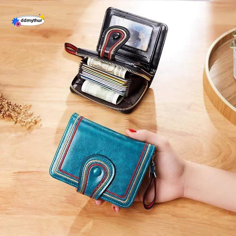 Cross Border Retro Oil Wax Skin European and American Multi Slot Organ Card Bag Zipper Short Women's Wallet ddmythur