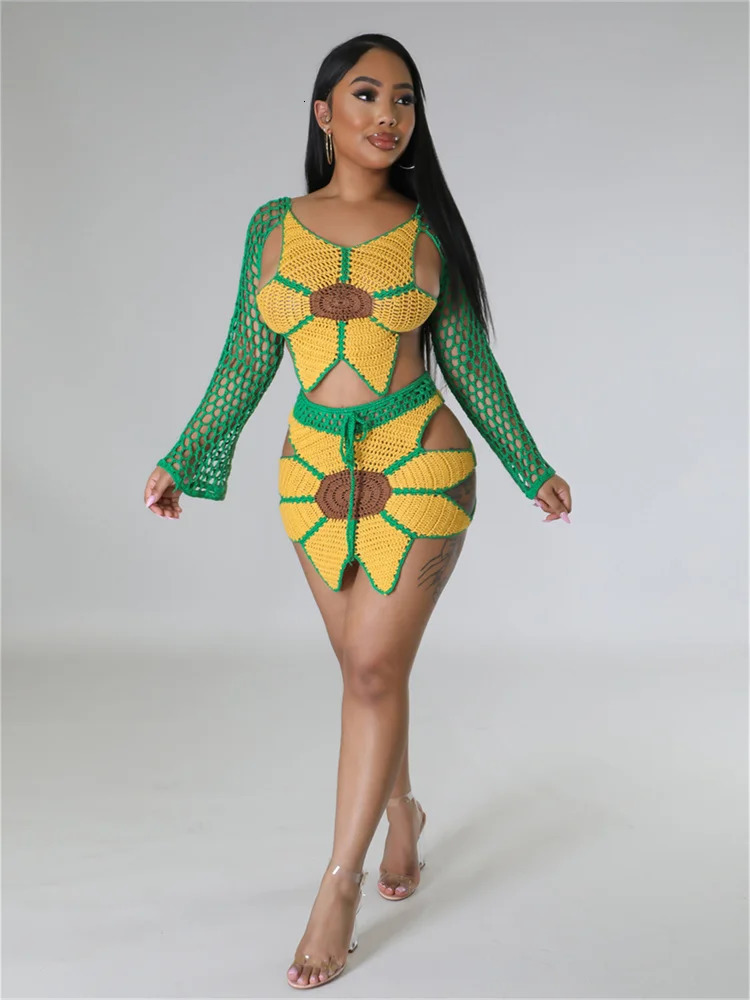 Weird Puss 2 Piece Sets Women Outfit Crochet Sunflower Backless Hollow TopsSkinny Skirt Beach Party Summer Trend Matching Suits 250515