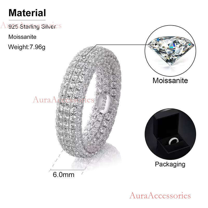 Fashion Hip Hop Jewelry Bling White Gold Plated Sterling Sier Micro Pave VVS Moissanite Dia Finger Band Ring