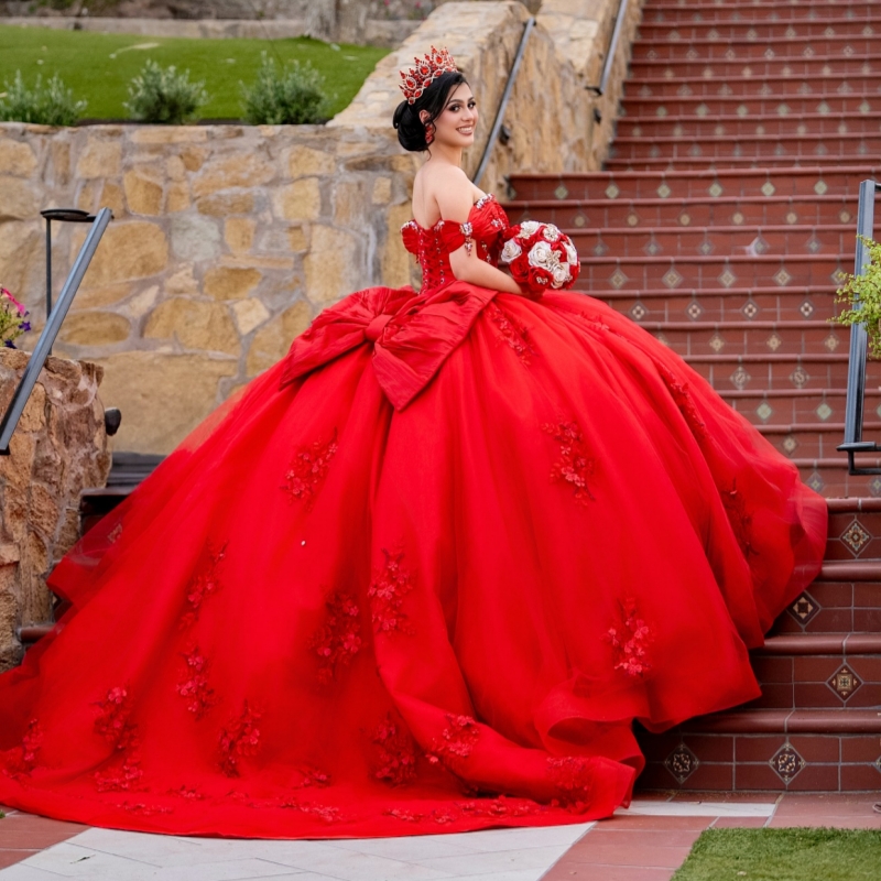 Red Shiny Quinceanera Dresses Off Shoulder Ball Gown Sweet 16 Dress Beads Applique Bow Tull Birthday Party Vestidos 15 De Anos
