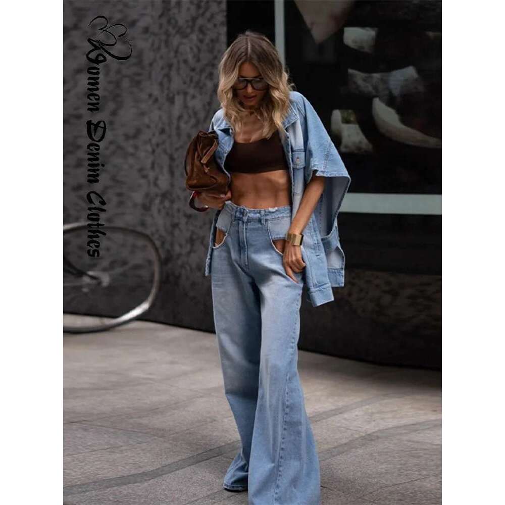 Women Oversized Denim Two Piece Set Trendy Loose Fit Jacket Matching High Waist Wide Leg Baggy Jeans Chic Streetwear Outfits