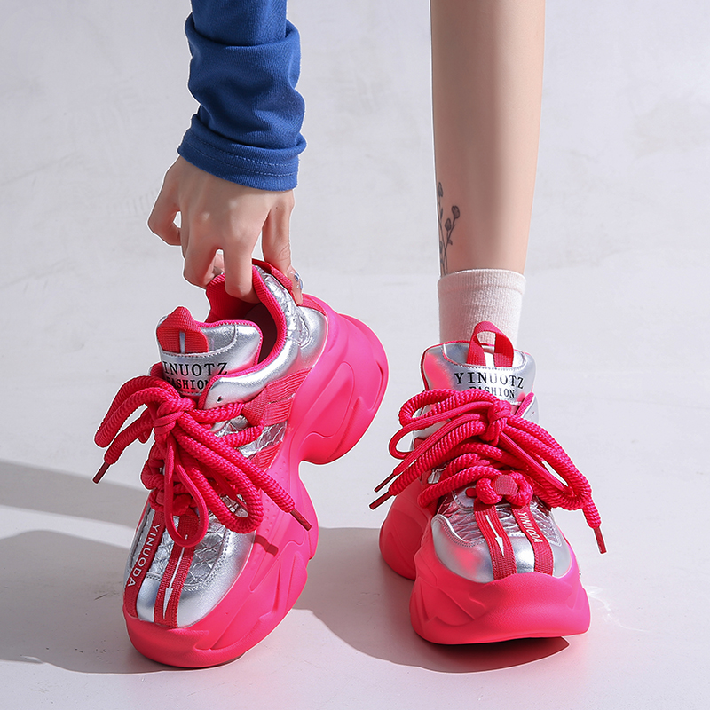 Mix Color Chunky Platform Non-Slip Sneakers Heels Vulcanize Shoes Women Fashion Platform Casual Shoes Woman 2025 Lace-Up Non-Slip Walking Shoes 8.5CM 