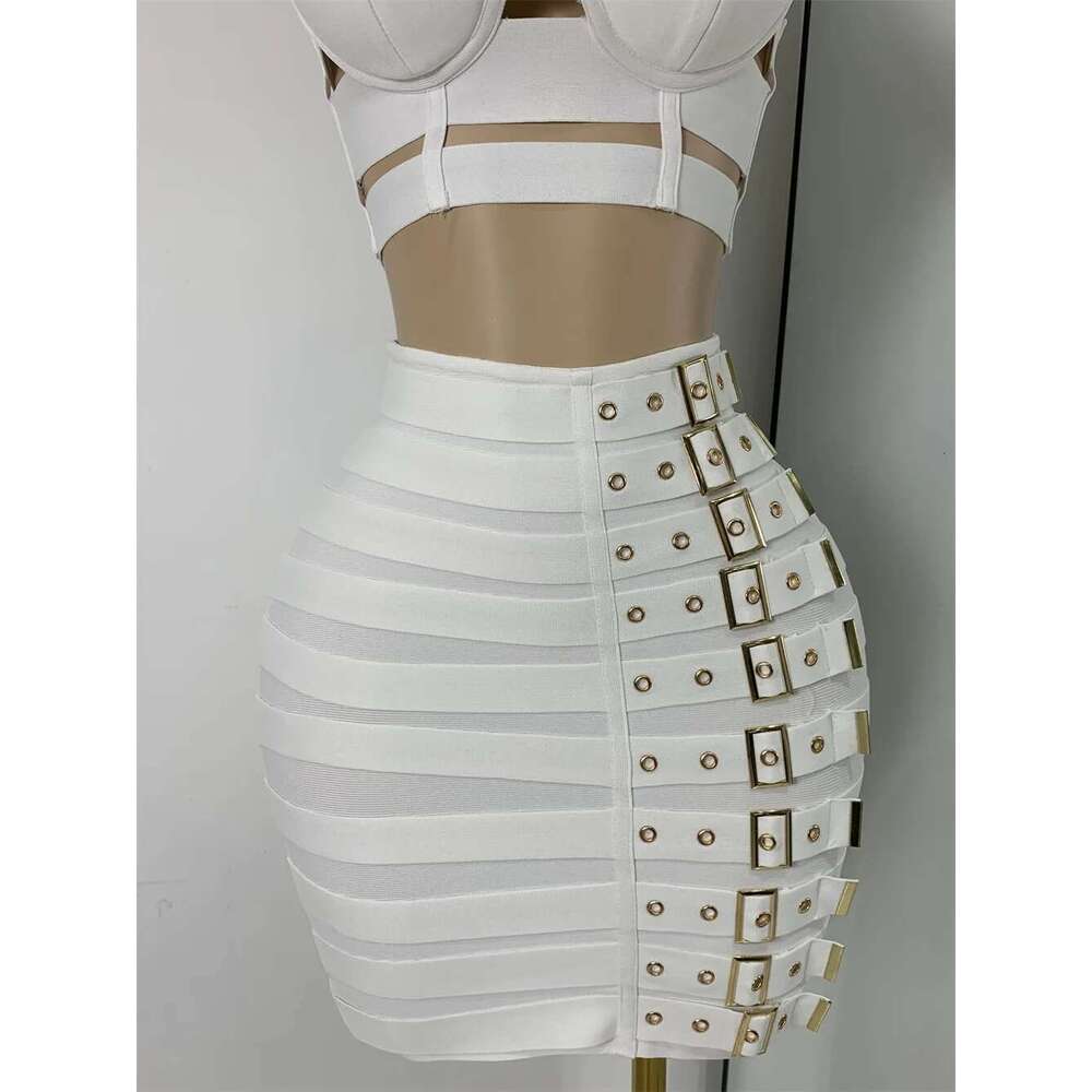 White Two Pieces Dress Set Women Sexy Square Collar Sleeveless Design Crop Top Short Skirt Suit Nightclub Birthday Clothing