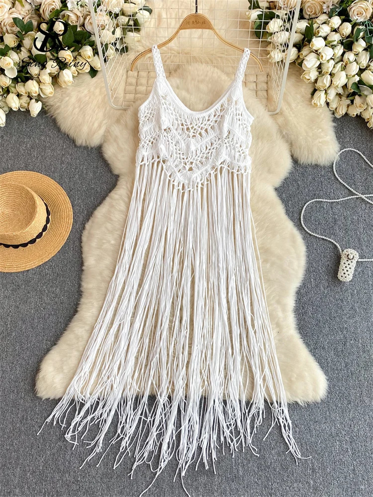 SINGREINY Retro Knitted Shirt Bohemian Vacation Beach style Summer Tank Women Strap Sleeveless Long Tassel Tops 250515