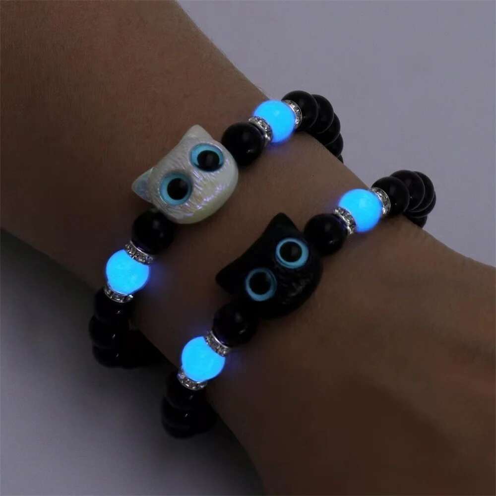 Matching Bracelets Couples Women Men Luminous Cute Friendship Bracelete Black White Cat Head Bangles Glow In The Dark Gift