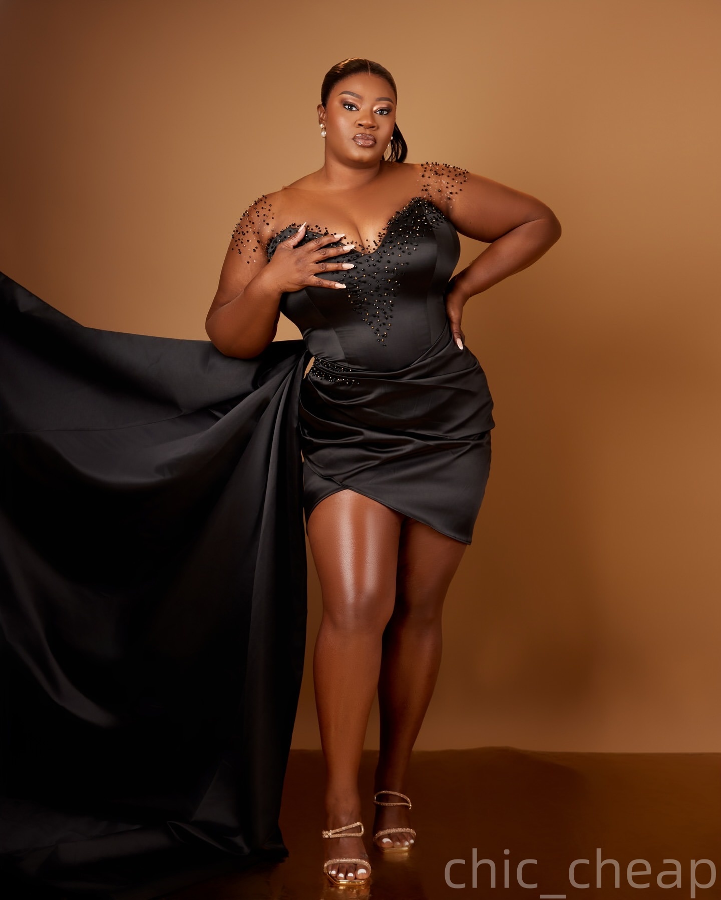 Sheath Black Plus Size Prom Dresses 2025 Beaded Short Satin Full Sleeves Evening Formal Party Second Birthday Engagement Gowns Dress For Special Occas