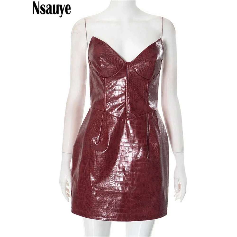 Nsauye New Elegant Sexy Fashion Leather Strapless Women Night Club Evening Party Short Bodycon High Waisted Dress 2025