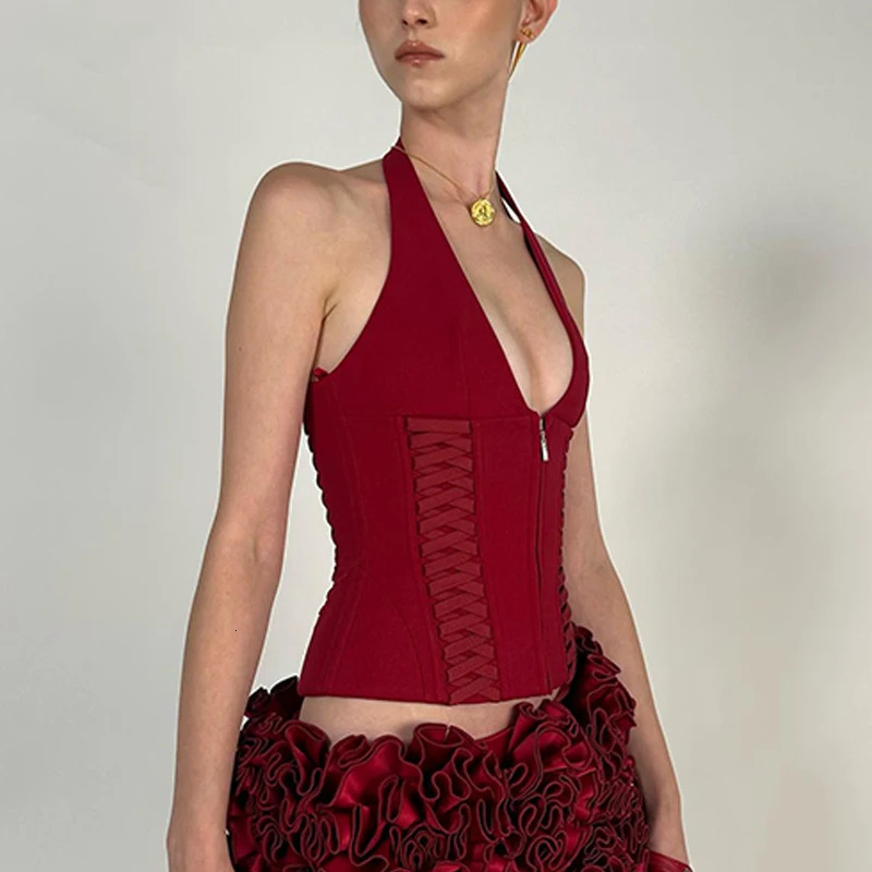 WhereMery Fashion Cross Tie Zipper Slim Womens Vest Sexy Off Shoulder Backless Sleeveless Halter Top Casual Summer Street Camis 250515