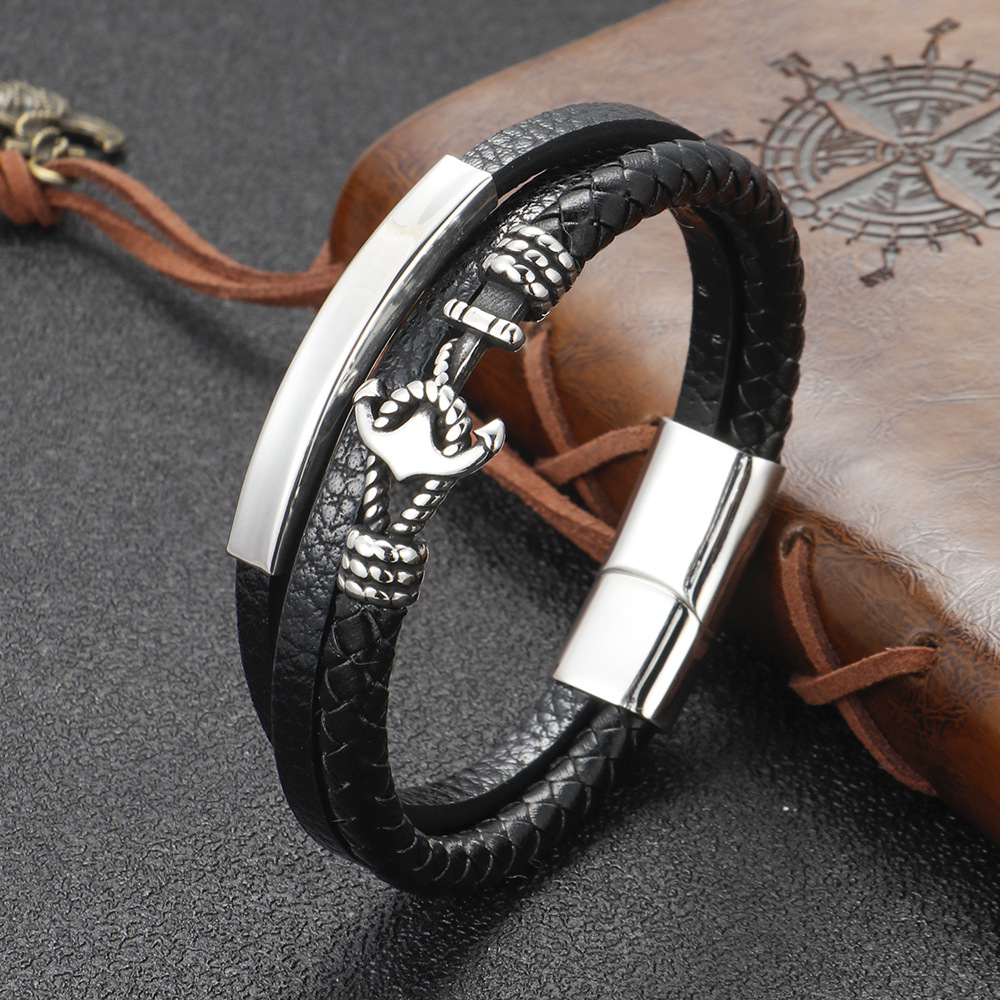 Fashionable Multi-Layer Black Leather Anchor Bracelet for Men, Stainless Steel Clasp, Trendy Woven Design
