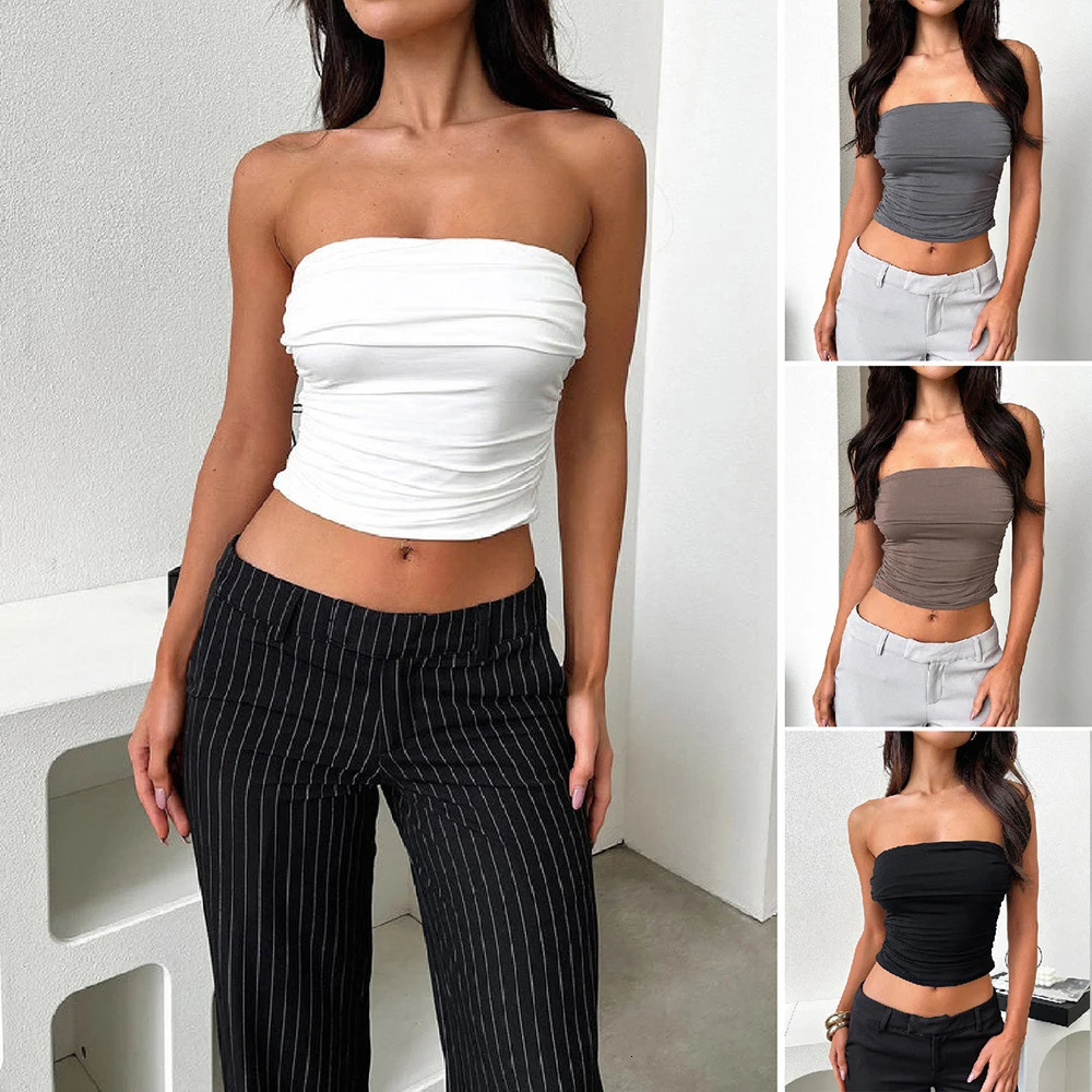 Stylish Pleated Slim Tube Top Soft Breathable Comfortable Clothes For Women Daily Wear Sexy Sleeveless Vest Summer Streetwear 250515