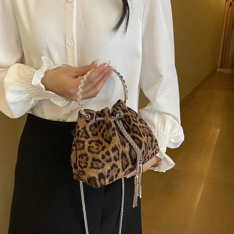 Ring Handle Rhinestones Clutch Bag Retro Leopard Handbag Luxury Party Purse Drawstring Bucket Crossbody Mini Canvas Bags BrownXJ250515