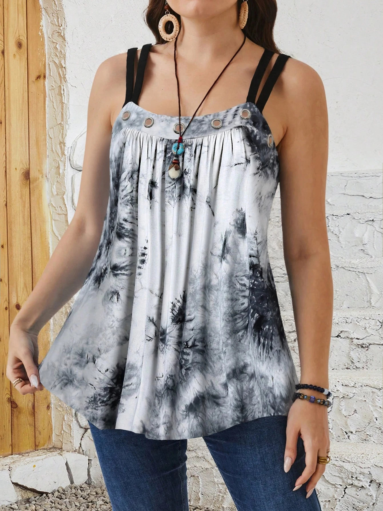 Plus Size Summer Tie Dye Printed Casual Vest Top Womens Loose Fit Tank 250515