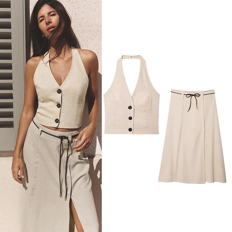 TRAF WomenSkirt Set With Belt 2 Piece Backless V Neck Halter Tops Button Long Skirts Women Two Outfit 250515