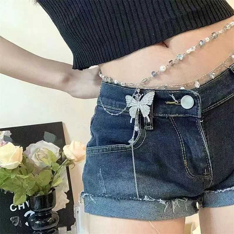 Simple Shiny Butterfly Waist Chain For Women Multilayer Pearl Tassel Metal Body Belly Chains Summer Beach Party Jewelry Gifts Y250515