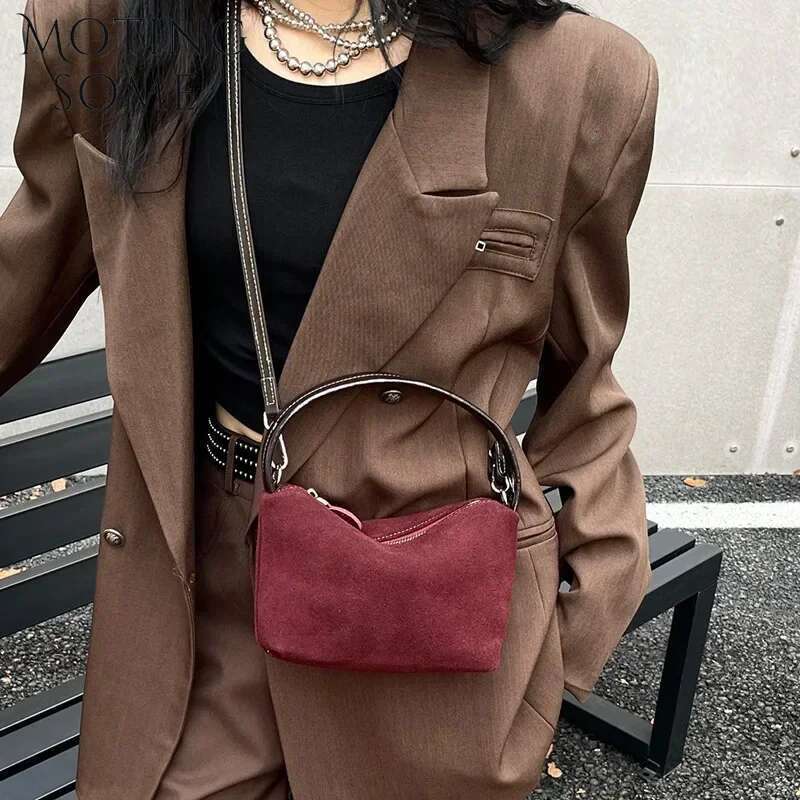 Motingsome Mini Pouch Suede Cowhide Portable Lunch Box New Versatile Hand Bag Retro Shoulder Messenger Purse