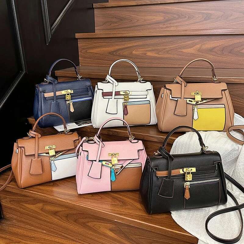 2025 New Women's Color-Block Patch Pocket Structured Shoulder Crossbody Top-Handle Bag
