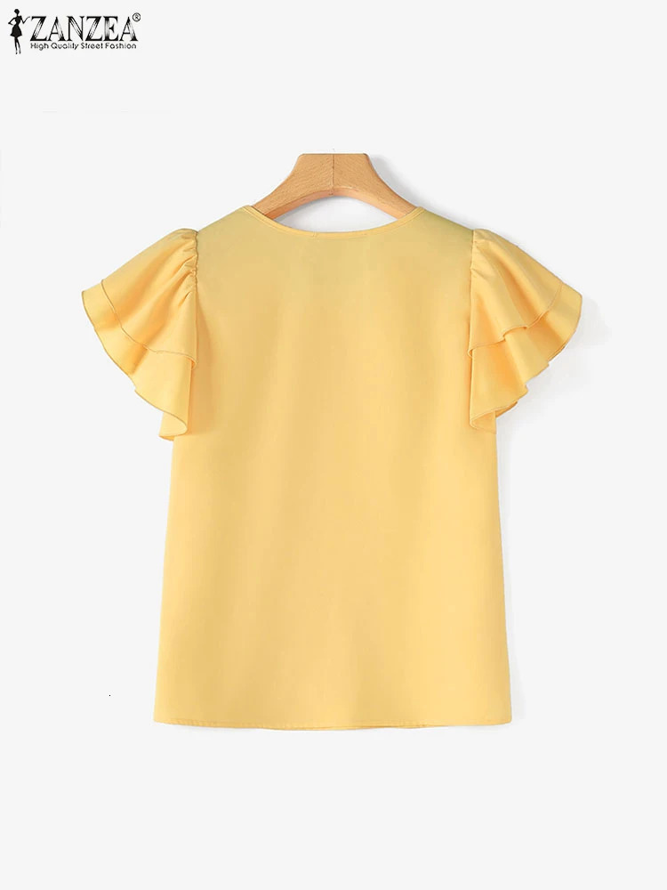 ZANZEA Vintage Women Party Blouse Elegant Ruffle Sleeve V-nekc Tops Korean Fashion Solid Shirt Tunic Summer Loose Blusas 250514