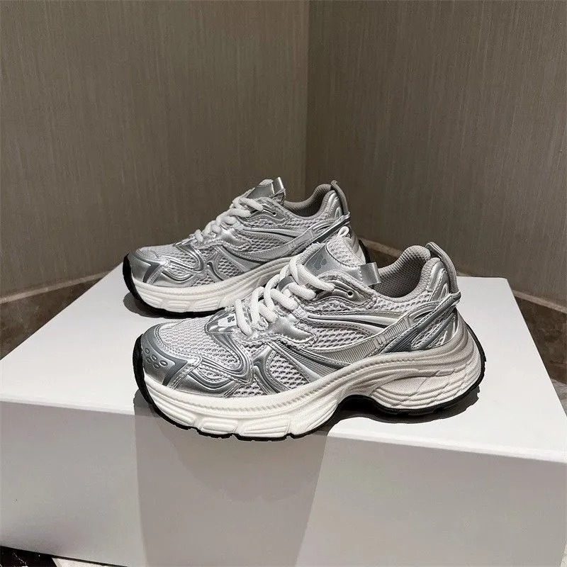 Daddy shoes female ins tide 2025 new spring and summer thick bottom sneakers mesh show feet small shoes silver casual shoes