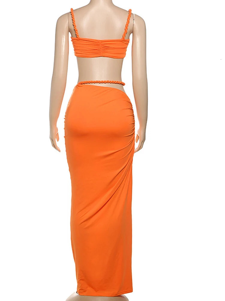 Beyprern Making Ice Skirt Set Women Ruched TwoPiece Dress Summer Orange Bandage Maxi Vacation Outfits Clubwear 250515