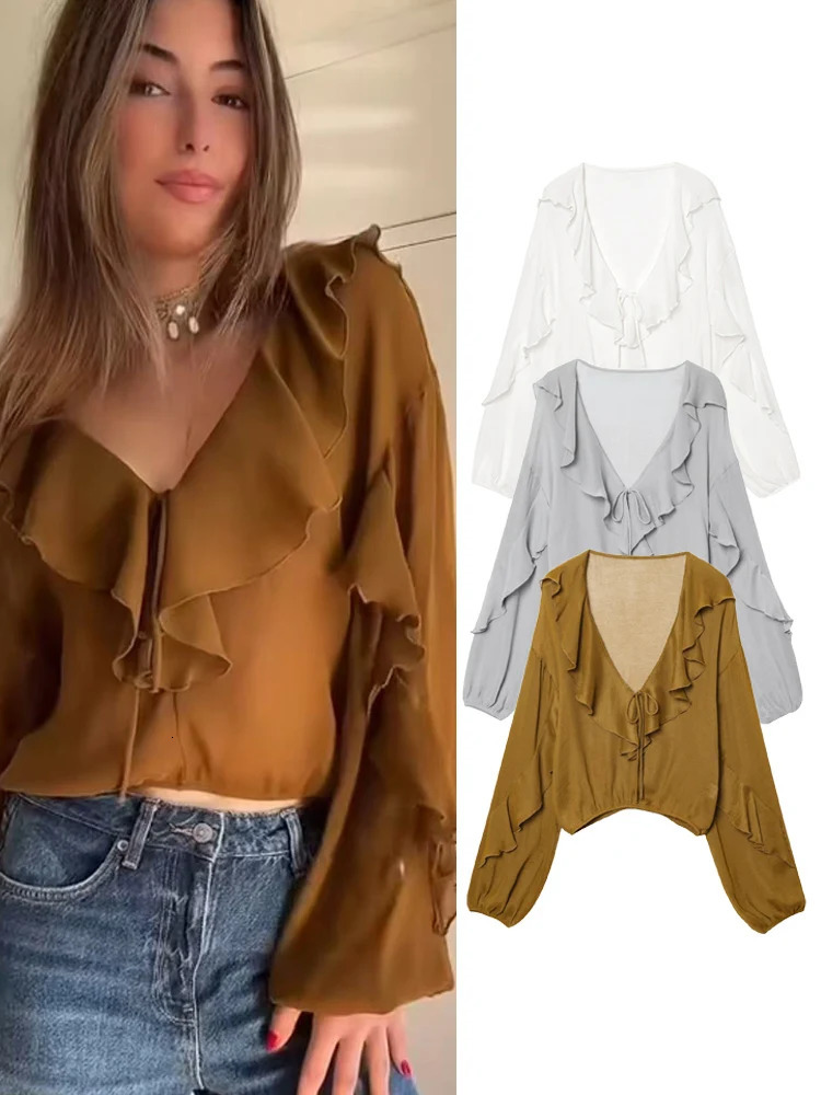TFMLN Elegant Women Ruffles Blouses Fashion Vneck Translucent Tierred Causal Shirt Tops Commute Style Solid Shirts 250515