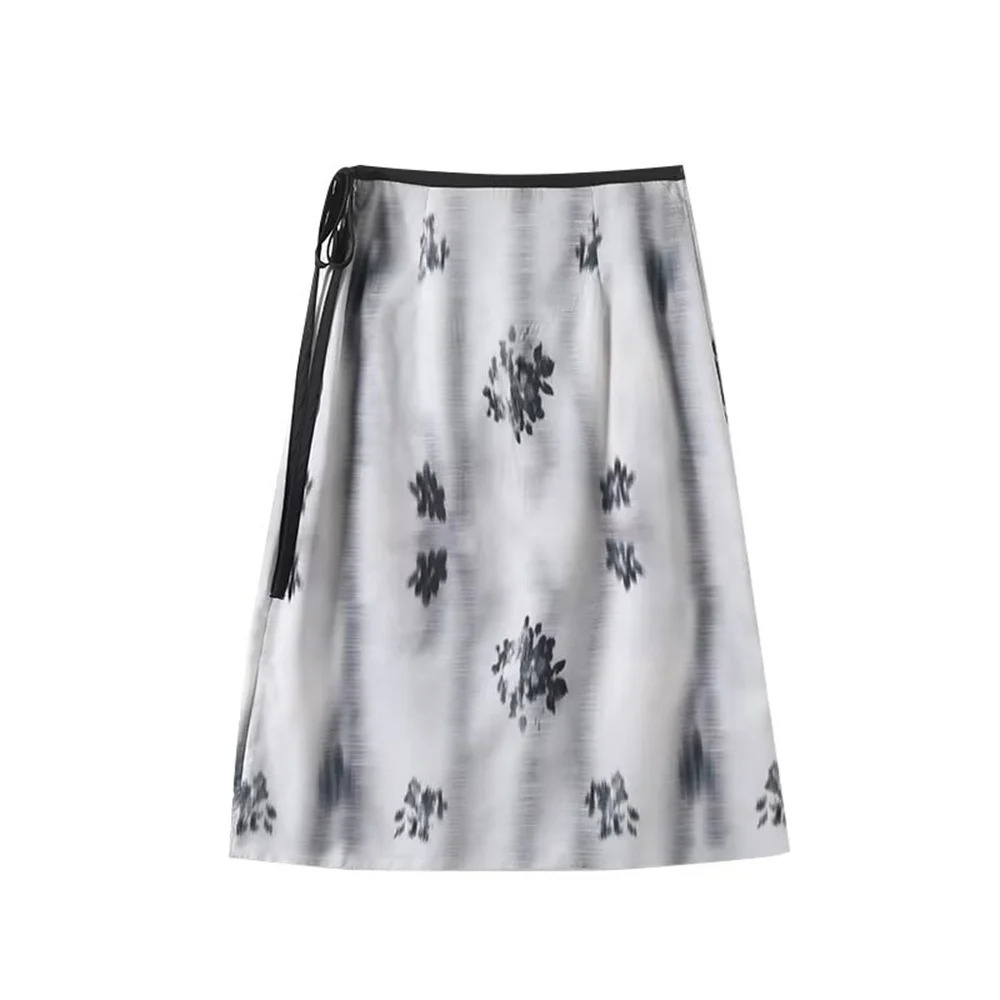 UNIZERA Womens Elegant Blended Printed Tie Waist Skirt Zipper Decoration SpringSummer Casual Wear 250515