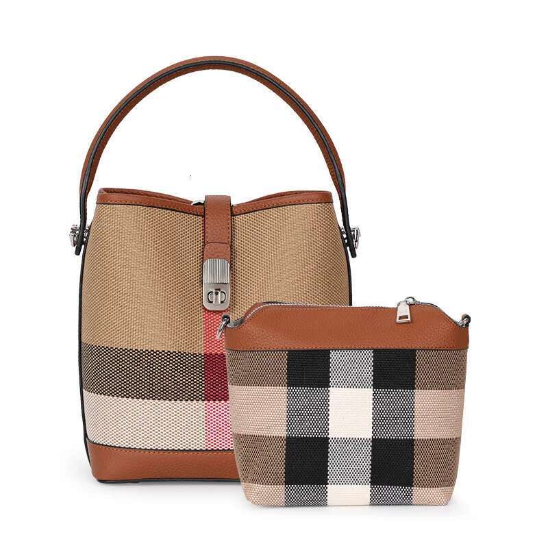 New canvas paired with cowhide women's shoulder crossbody bag, fashionable plaid pattern bucket bag