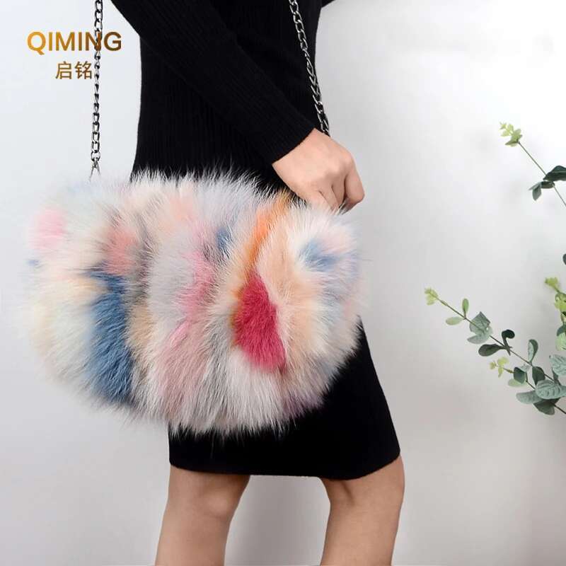 Fashion Designer Purse Real Fox Women Winter Chain Shoulder Purses And Handbags Fur Handbag Large Clutch Bag