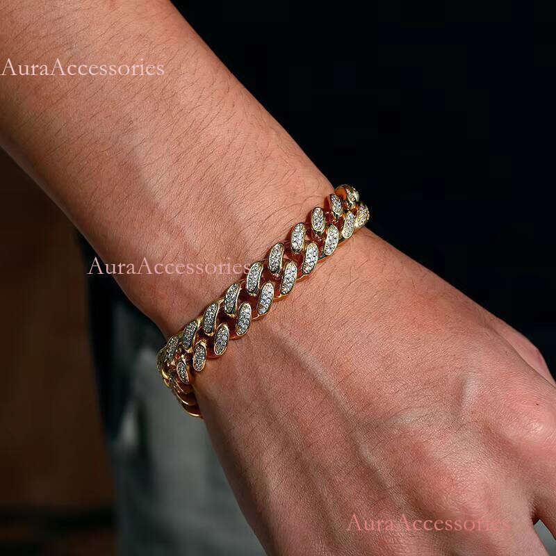 12MM Width Sterling Sier Iced Out VVS Moissanite with GRA Certification Cuban Link Bracelet Hiphop Jewelry for Men Women
