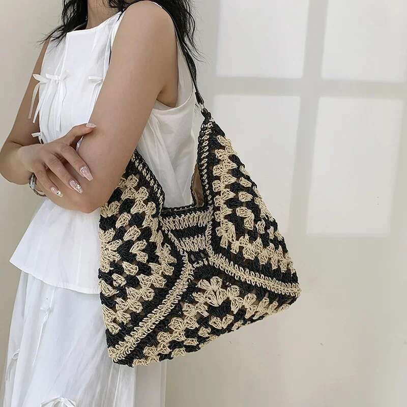Women Summer Vintage Woven Handbag Jacquard Design Bohemian Seaside Holiday Traveling Straw Bags High-Capacity Shoulder Tote Bag