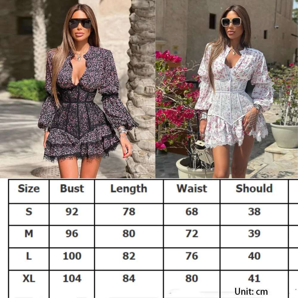 Printed Mini V-Neck Ruffled Lace Dress High Waist Slim Fit Short Dresses Summer