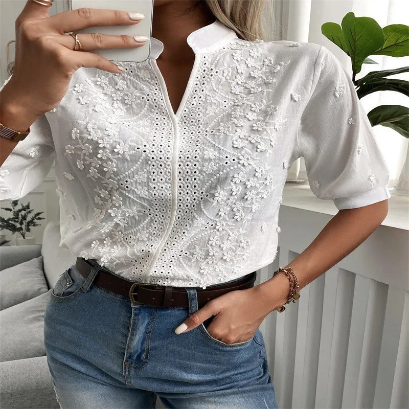 Summer Elegant Short Sleeve White Shirt Vintage Tops Crochet Hollow Blouses For Women Fashion Cotton Female Clothing 250515