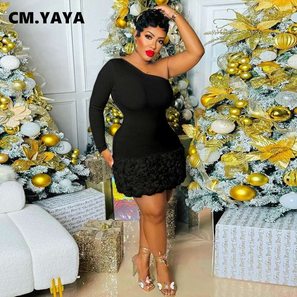 CM.YAYA Women Knit Ribbed Rose Floral Applique One Long Sleeve Bodycon Midi Dress 2024 Club Sexy Party Evening Dresses Vestidos