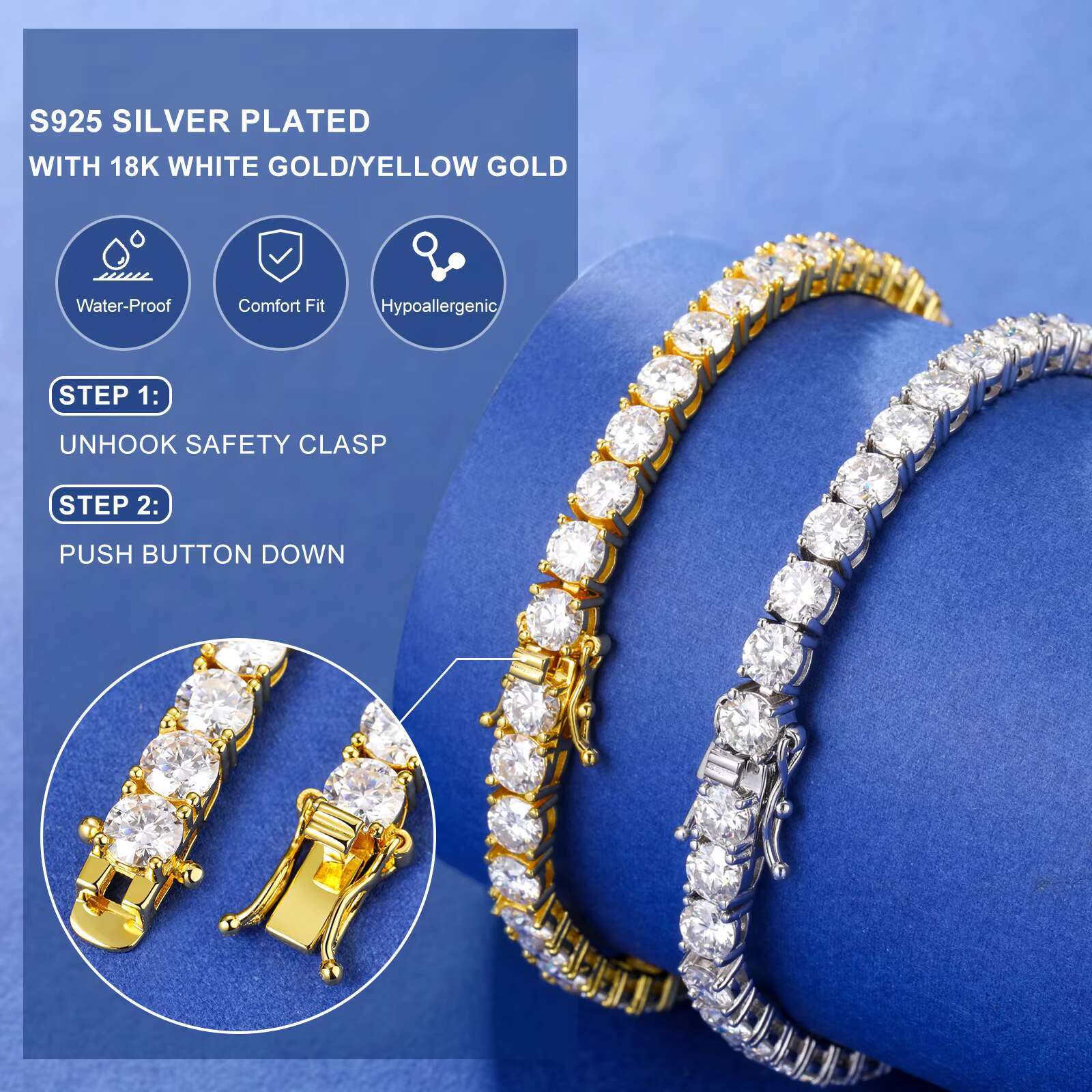 Women Jewelry VVS Moissanite Diamond Clustered Tennis Bracelet White Gold Plated 925 Sterling Silver Tennis Chain Bracelet
